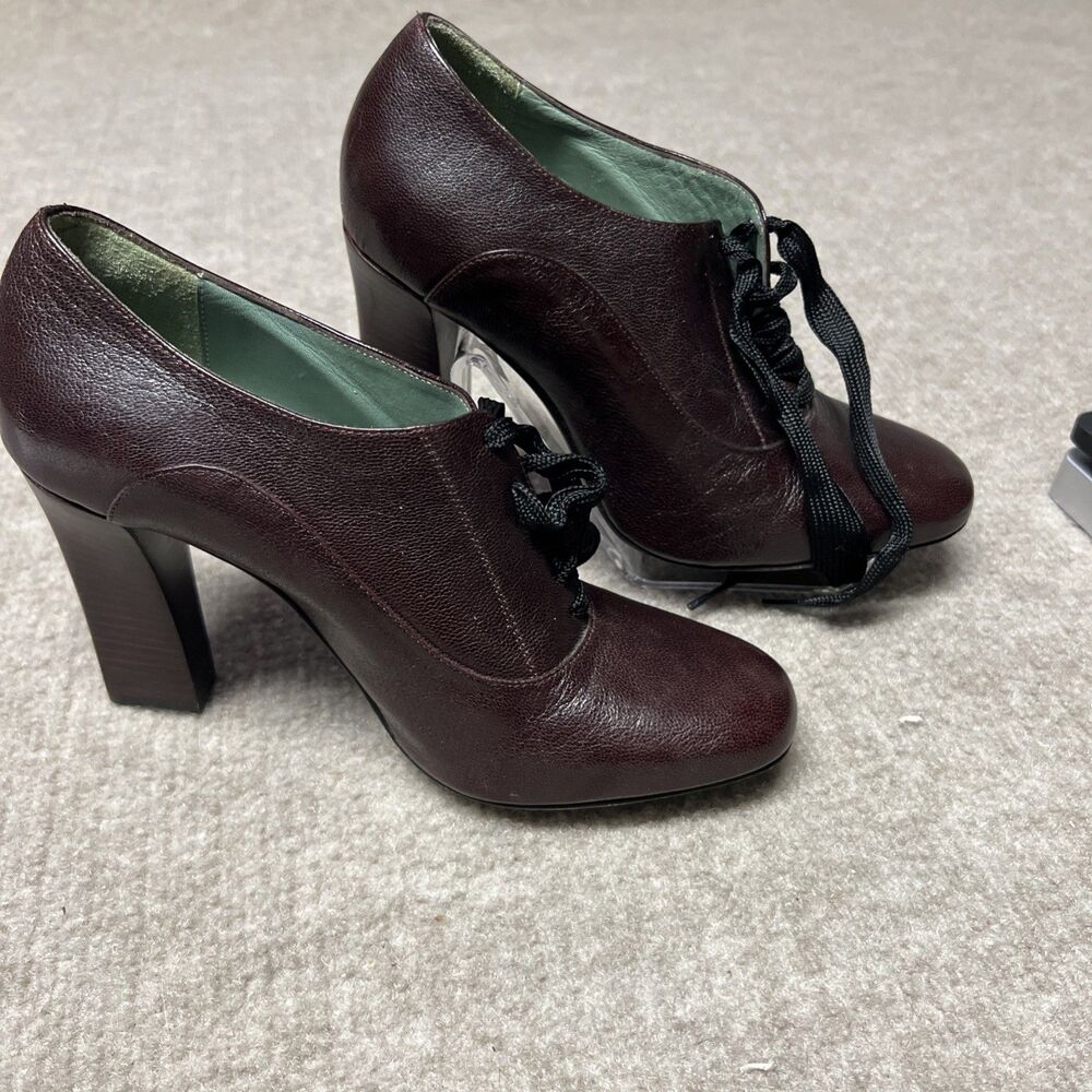 Lace-Up Burgundy Leather Block Heel Pumps